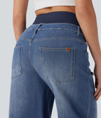 Jean large délavé Halara Flex™ taille haute gainant avec poches