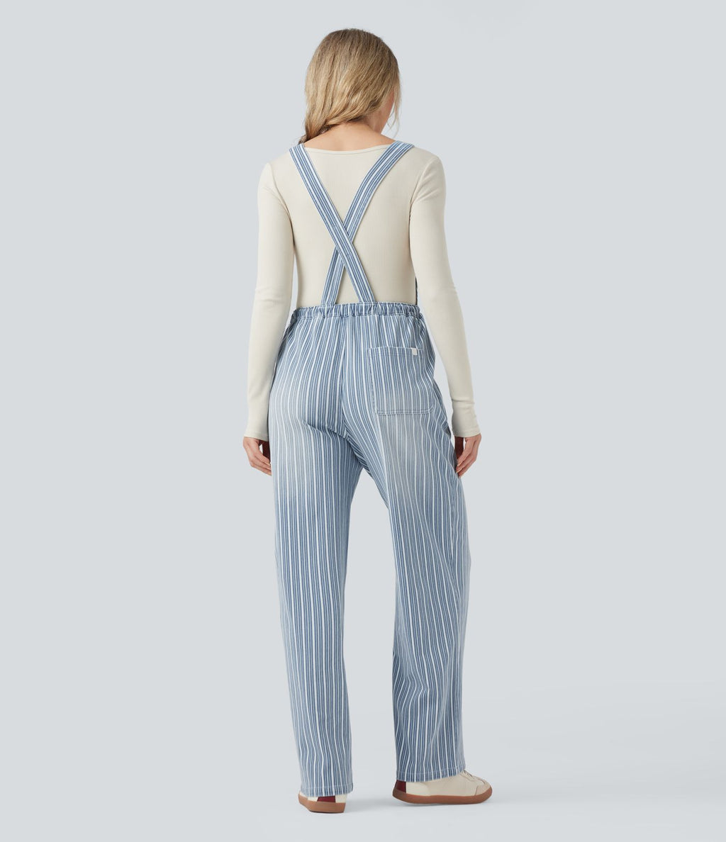 Salopette en denim décontractée droite à rayures Halara Flex™ avec cordon et poches