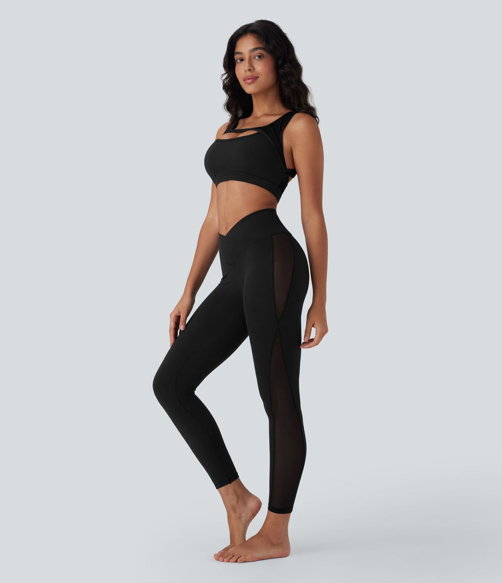 Legging de yoga Softlyzero™ taille haute croisé avec filet contrasté, poche et protection UPF50+