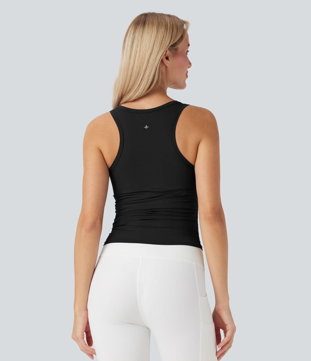 Débardeur de yoga Cool Touch à col rond, dos nageur, fronces et soutien-gorge intégré