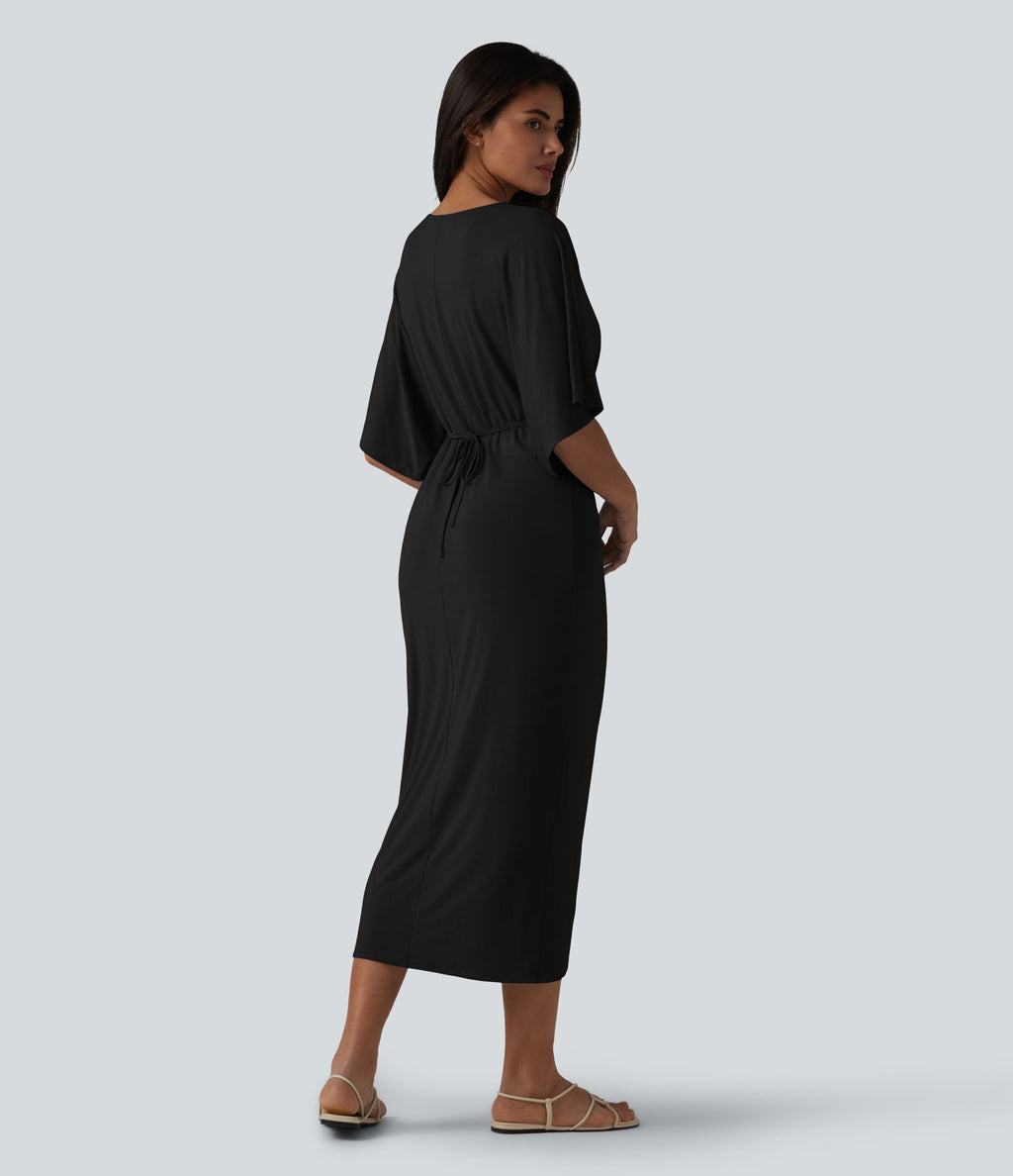 Robe midi col V manches chauve-souris ourlet tulipe torsadé