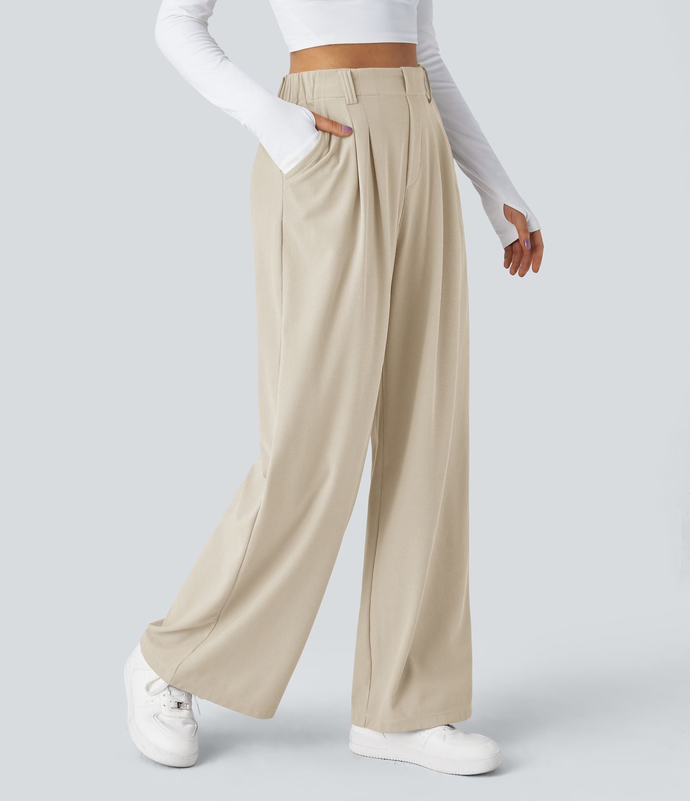 Pantalon Tailleur Large Fluide Halara Flex™ Gaufré Taille Haute Poches Latérales