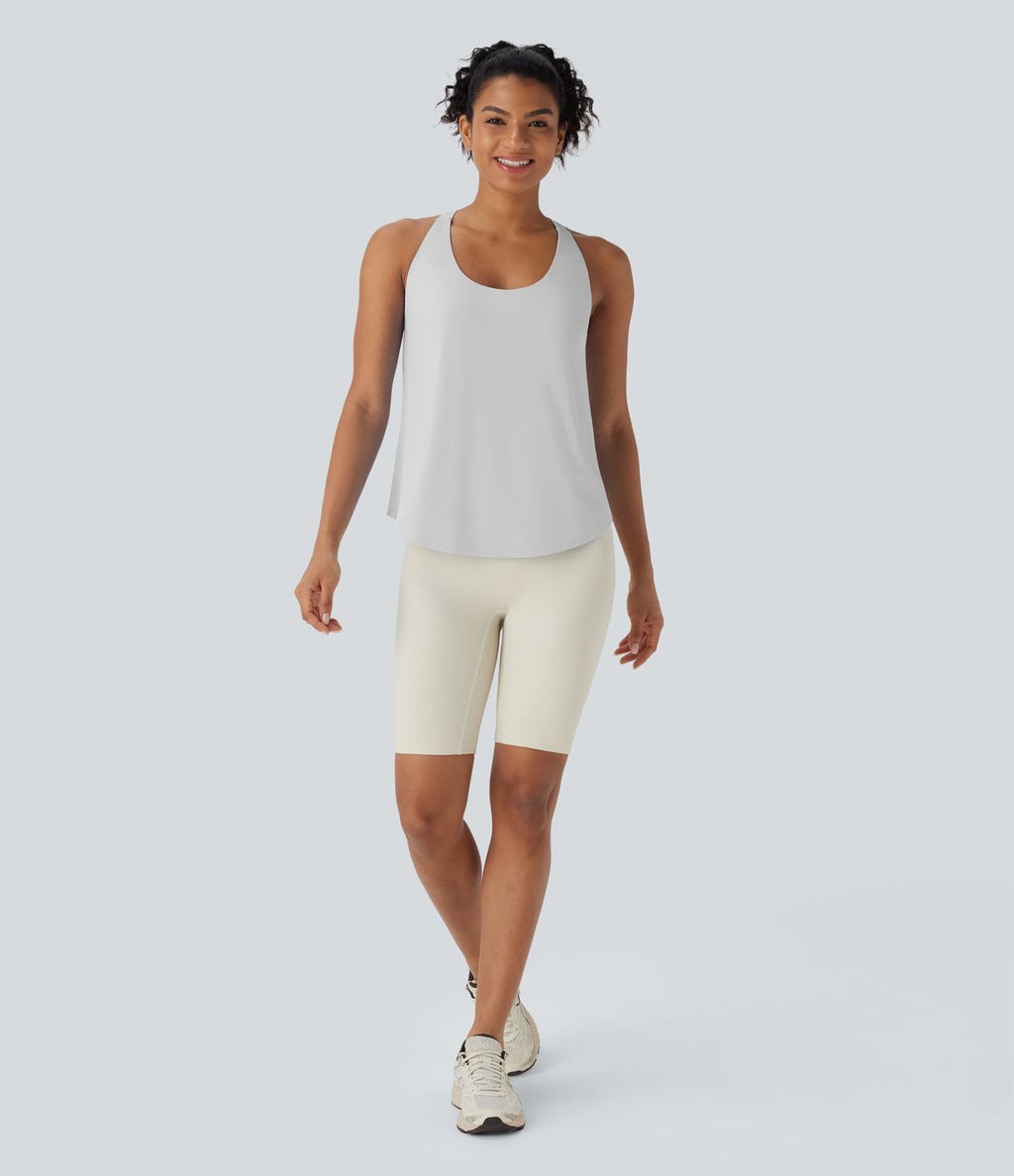 Débardeur yoga dos nu col U avec bretelles croisées, ourlet arrondi et effet frais InstantCool, protection solaire UPF50+