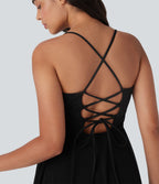 Robe de sport danse mini 2-en-1 laçage asymétrique résille contrastante fluide avec poche E-G