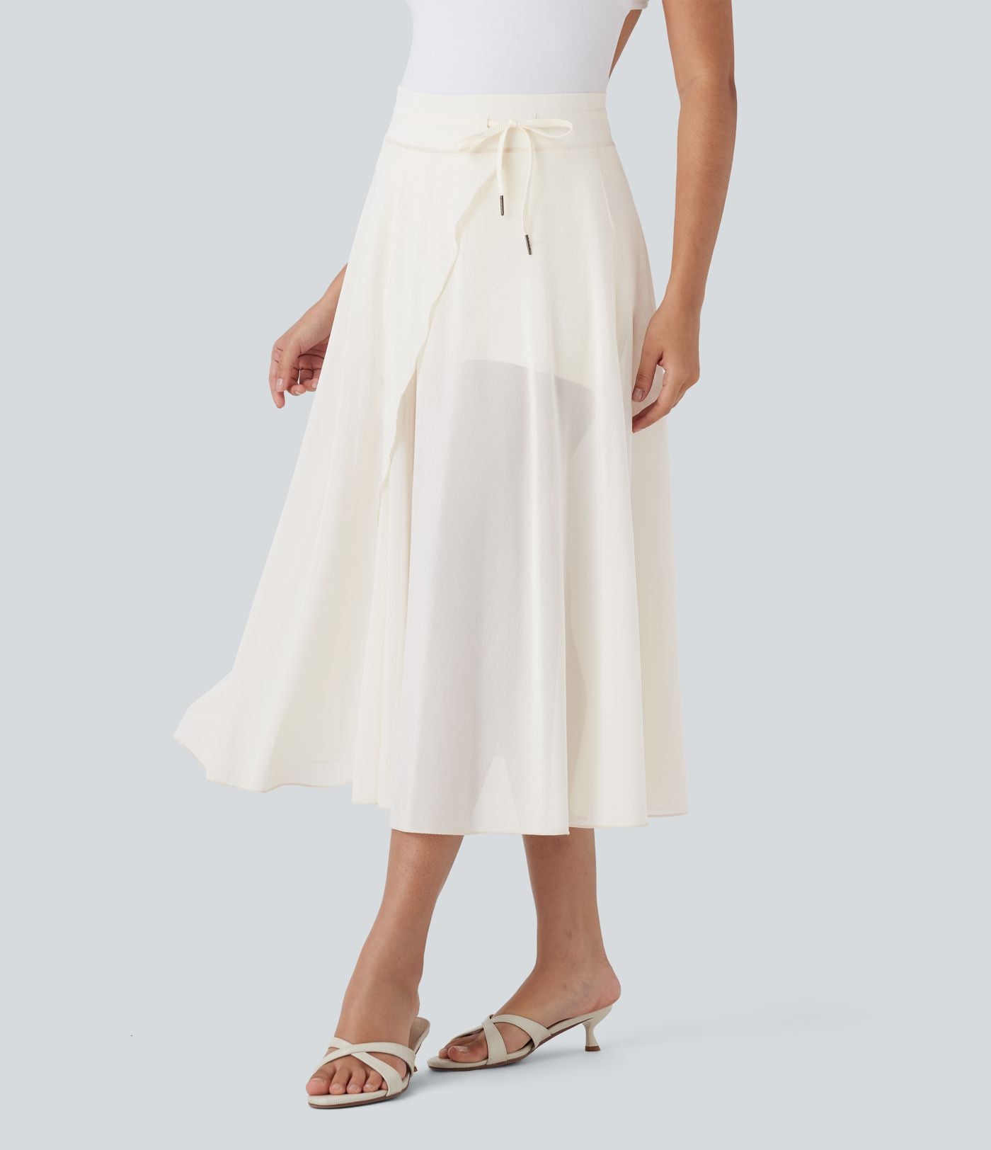 Jupe Casual Évasée Mesh Mi-Longue Fuide 2 en 1 Contrastée Taille Haute Cordon Poche Latérale