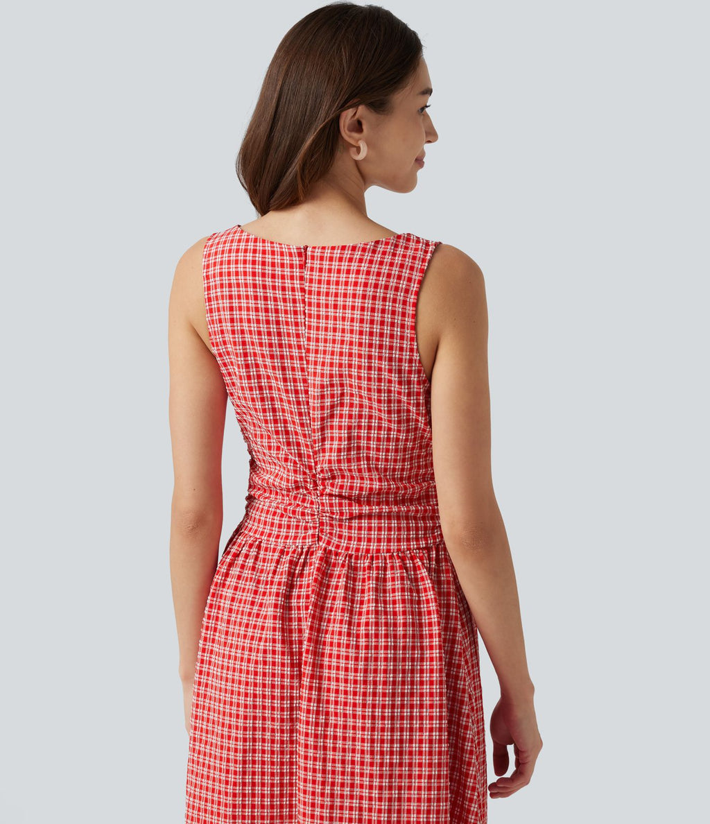 Robe midi décontractée à carreaux vichy, col bateau, sans manches, avec poches