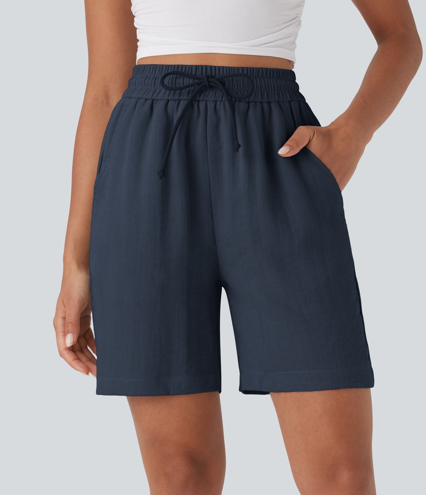 Short décontracté effet lin taille haute avec cordon de serrage et poches latérales