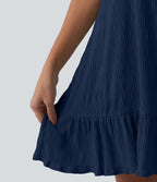 Robe courte décontractée sans manches à col rond, soutien-gorge intégré et ourlet à volants