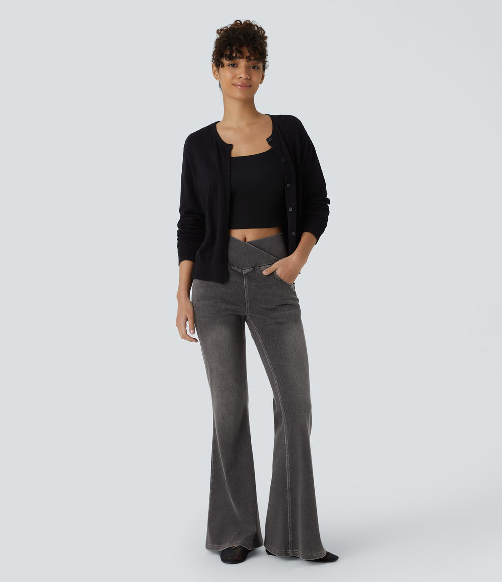 Halara Flex™ Jean Évasé à Taille Haute avec Poche Crossover Tissu Élastique Lavé