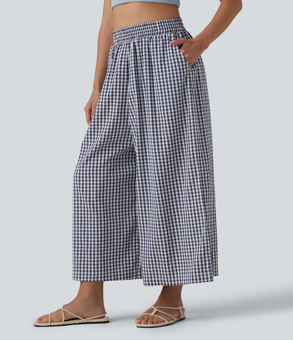 Pantalon casual baggy à carreaux taille haute avec poches