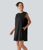 Robe active mini de yoga à col rond avec coussinets amovibles, poches et protection solaire UPF 50+