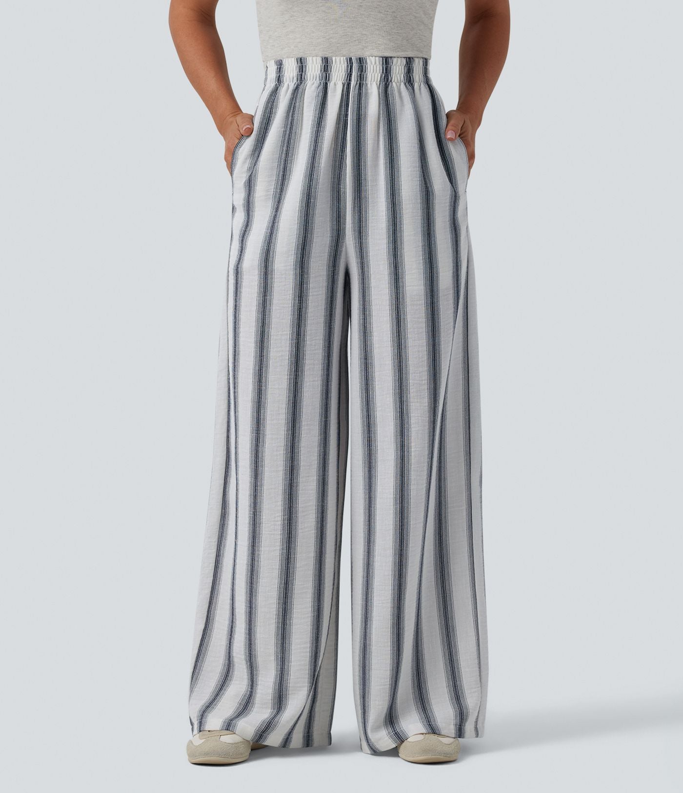 Pantalon casual ample taille haute aspect lin à rayures avec poches