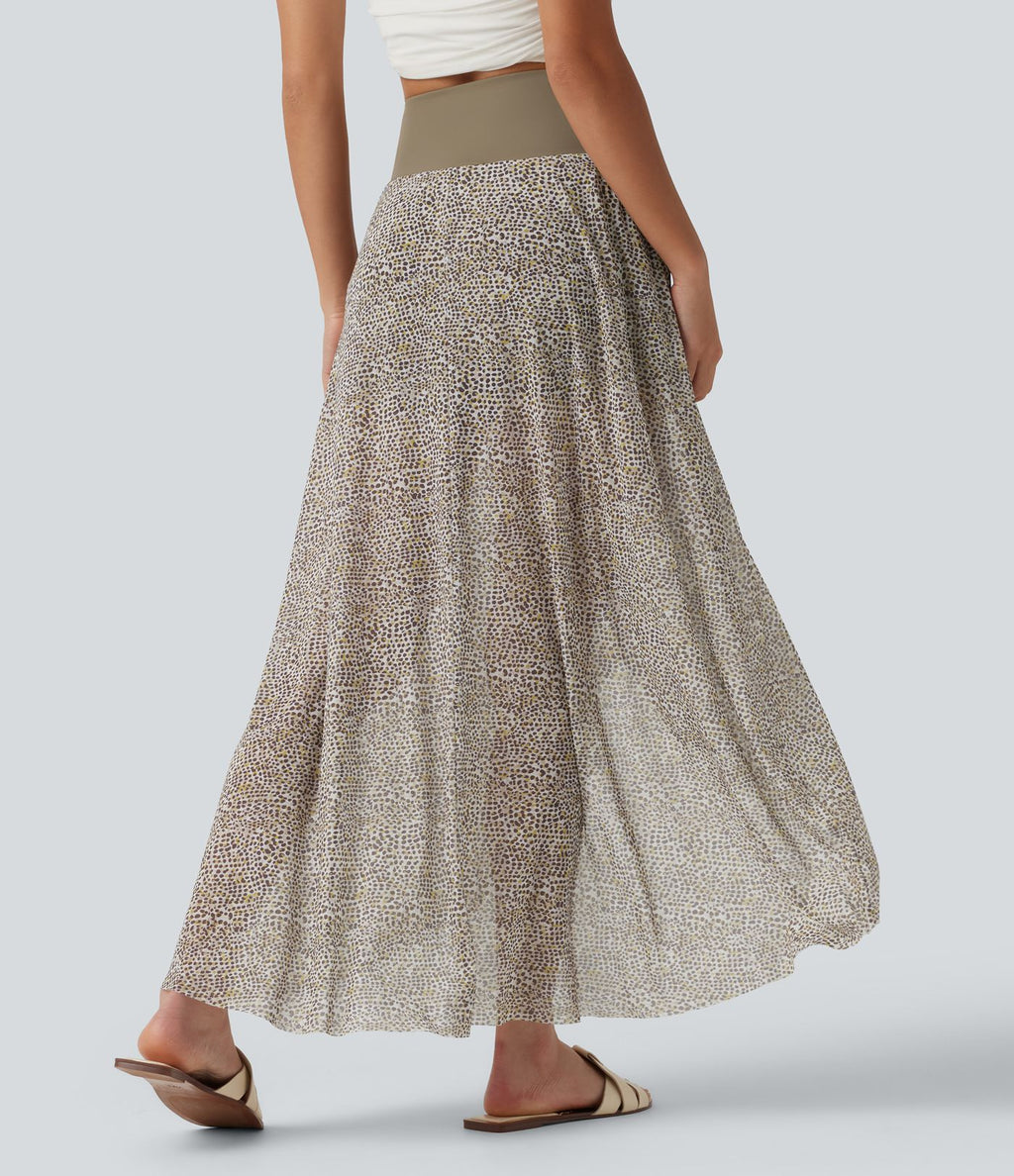 Jupe longue en mesh imprimé léopard taille haute asymétrique à volants 2 en 1