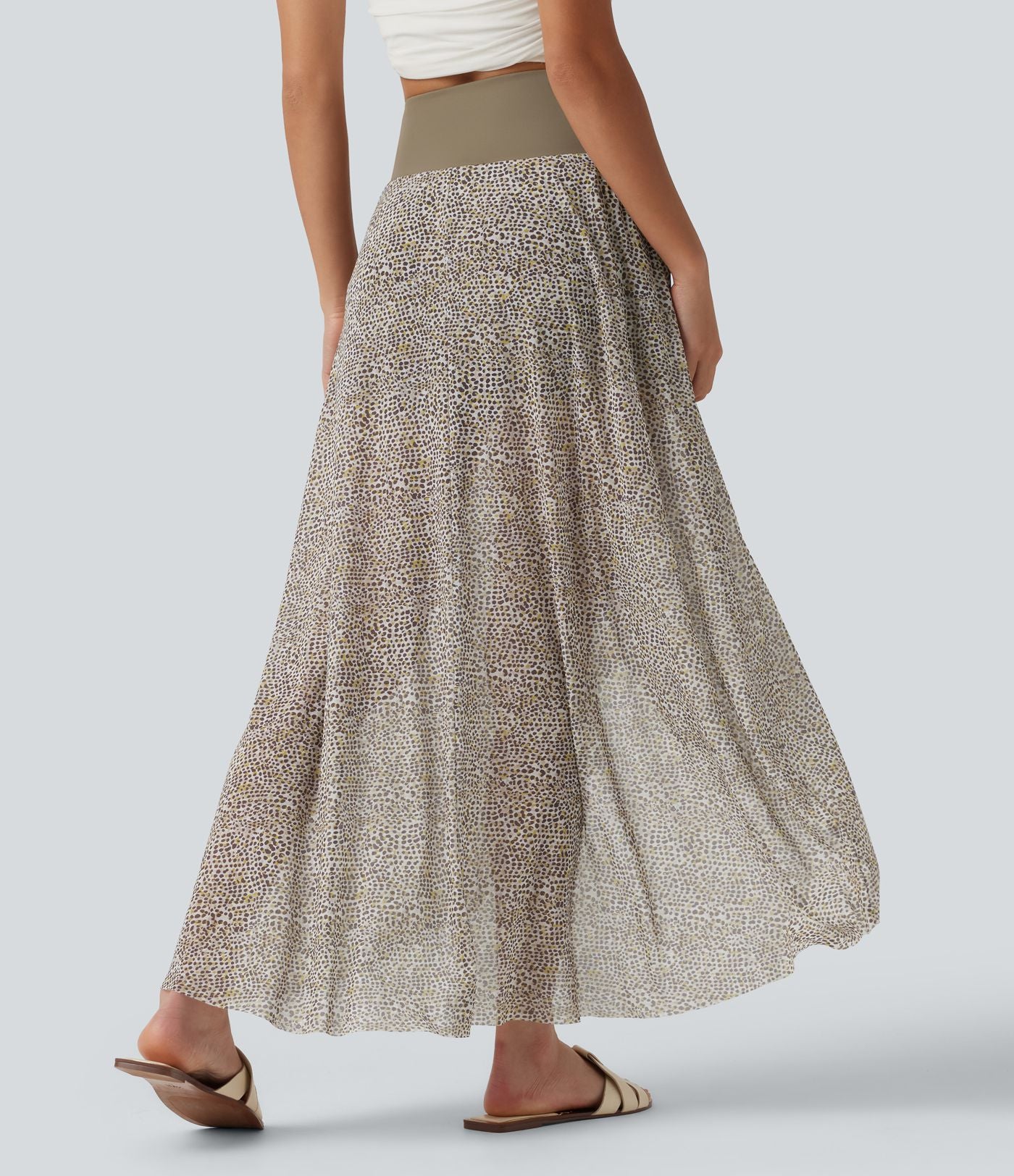 Jupe longue en mesh imprimé léopard taille haute asymétrique à volants 2 en 1