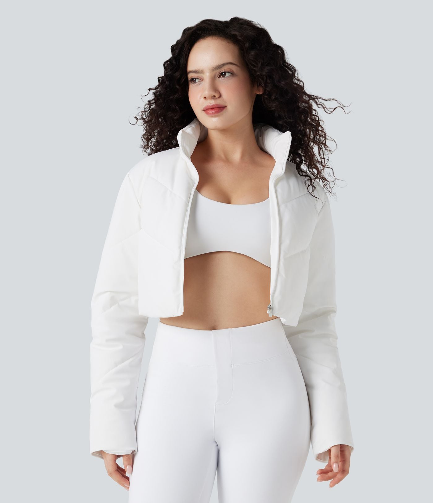 PuffFlex Manteau doudoune 3-en-1 court casual à col montant et veste à ourlet arrondi avec passants pouces et poche