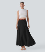 Jupe longue évasée à taille haute avec fermeture éclair invisible, aspect lin