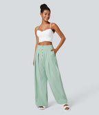 Pantalon Large Casual en Coton à l'Aspect Lin Taille Haute et Poches Latérales Boutonnées