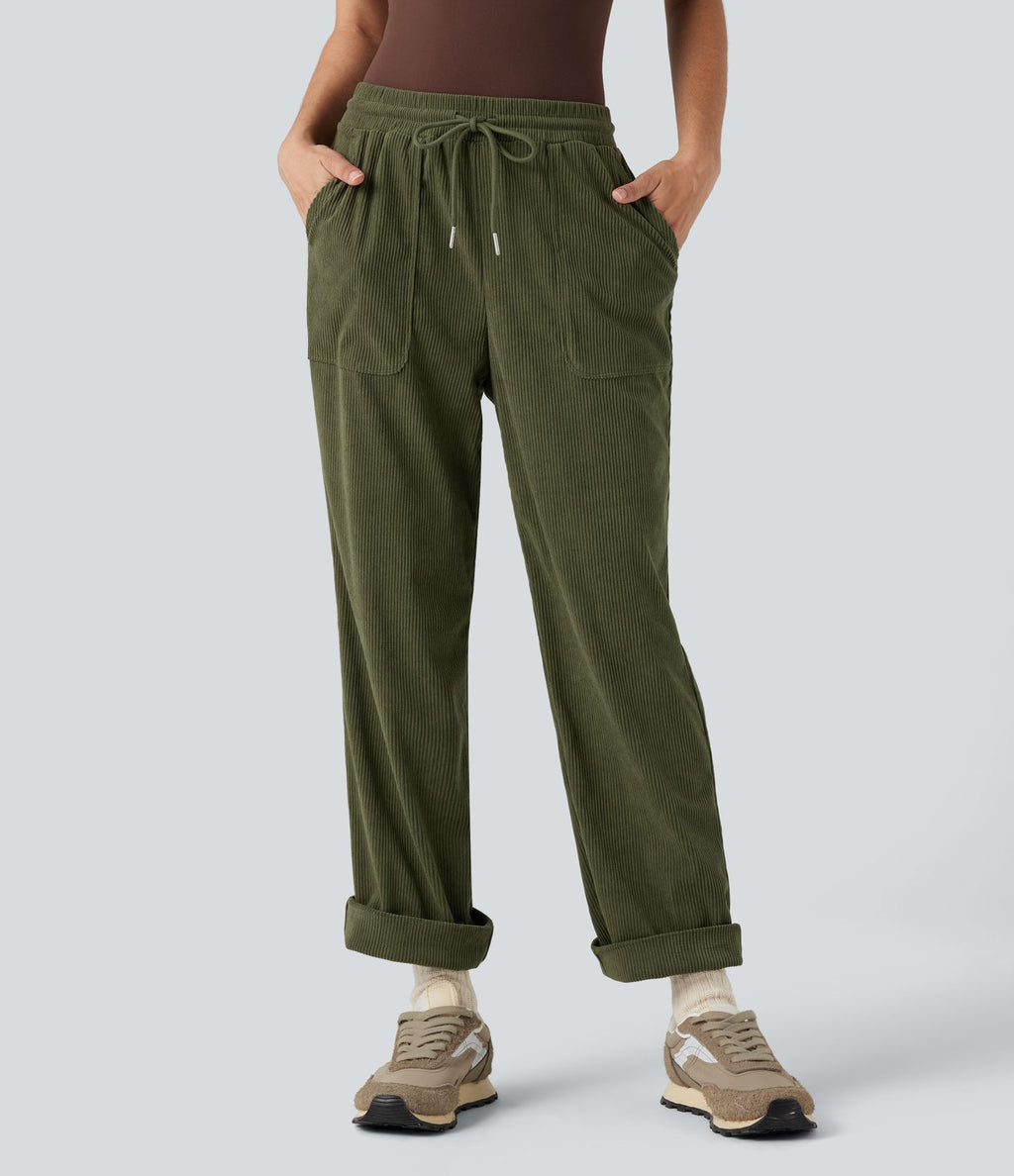 Pantalon décontracté fuselé en velours côtelé, taille mi-haute, cordon et poches