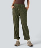 Pantalon décontracté fuselé en velours côtelé, taille mi-haute, cordon et poches