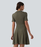 Robe mini casual évasée col V manches courtes en maille côtelée