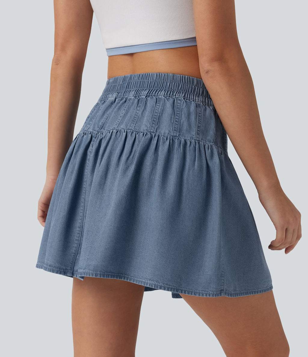 Jupe mini casual trapèze en denim lyocell drapé taille mi-haute