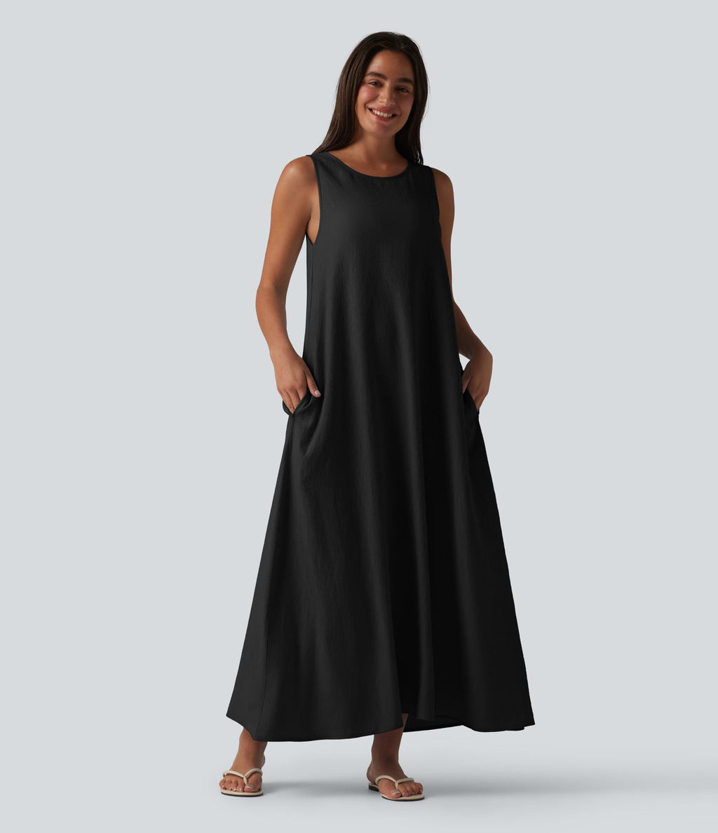 Robe débardeur midi unie sans manches à col rond et poches