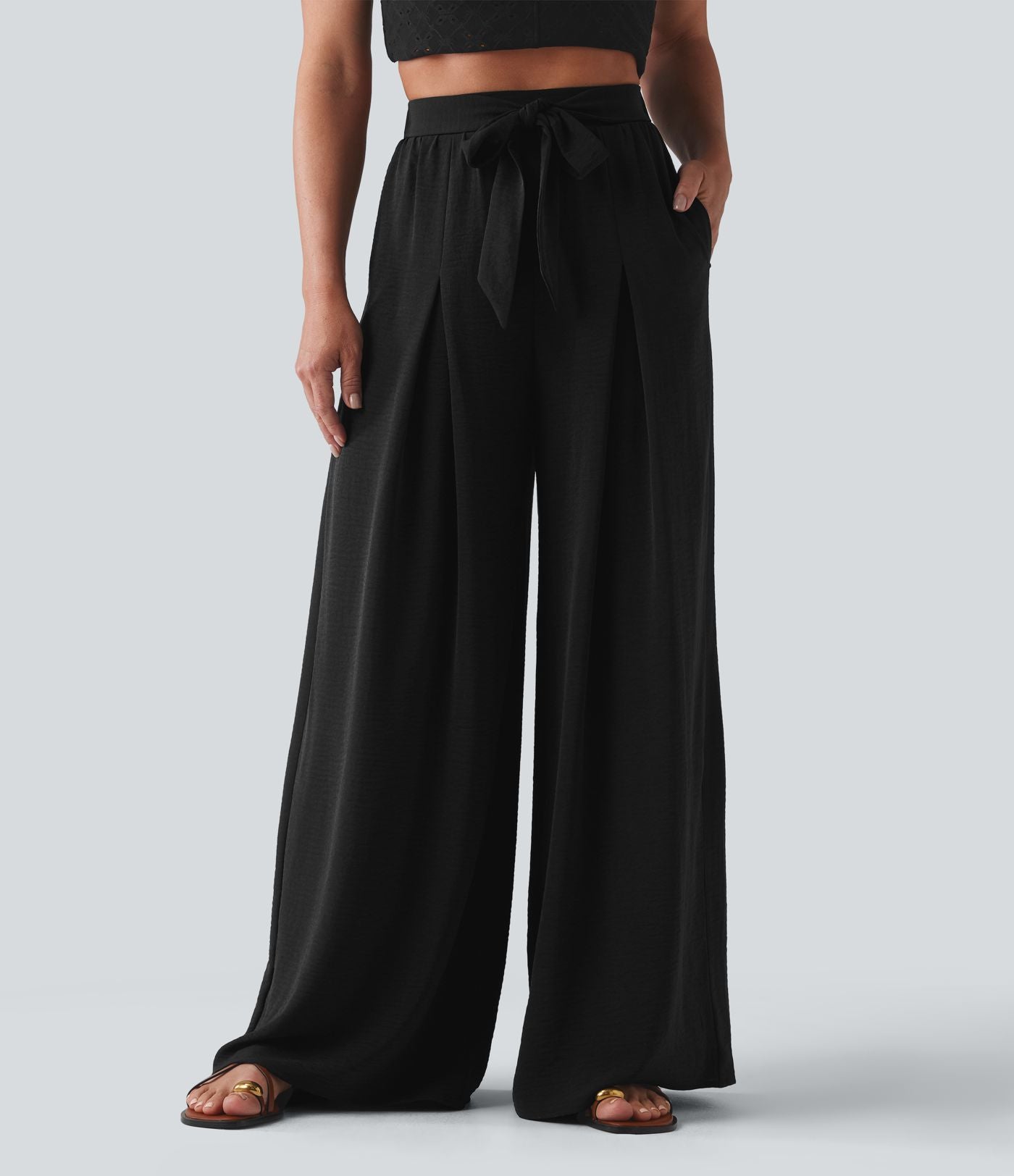 Pantalon large resort taille haute aspect lin avec nœud frontal et poches