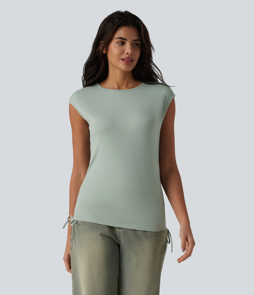 T-shirt casual col rond à manches courtes couvrantes avec cordon de serrage