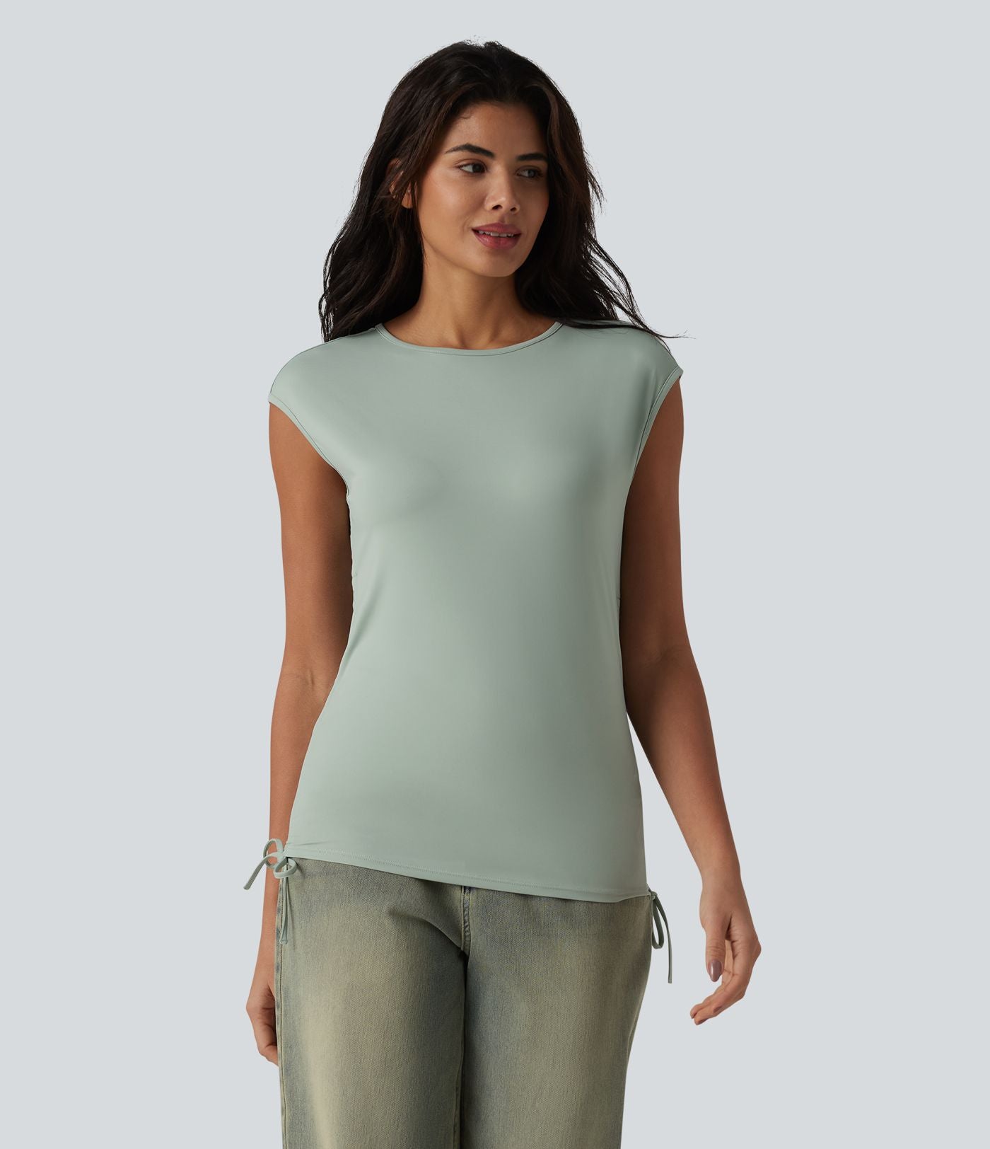 T-shirt casual col rond à manches courtes couvrantes avec cordon de serrage