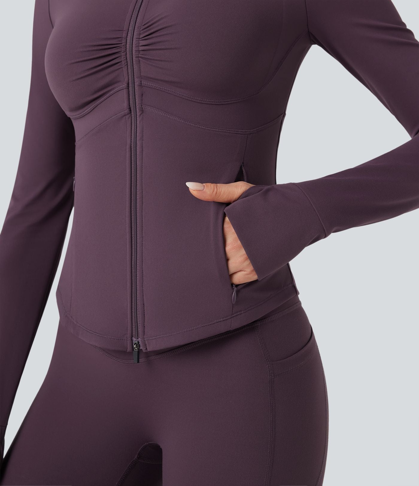 Veste de yoga Halara UltraSculpt™ col montant froncée push-up manches longues à trous pouces avec poches