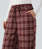 Pantalon baggy taille haute imprimé carreaux avec poches