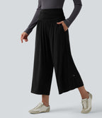 Pantalon casual 7/8 large taille haute à fronces avec poches
