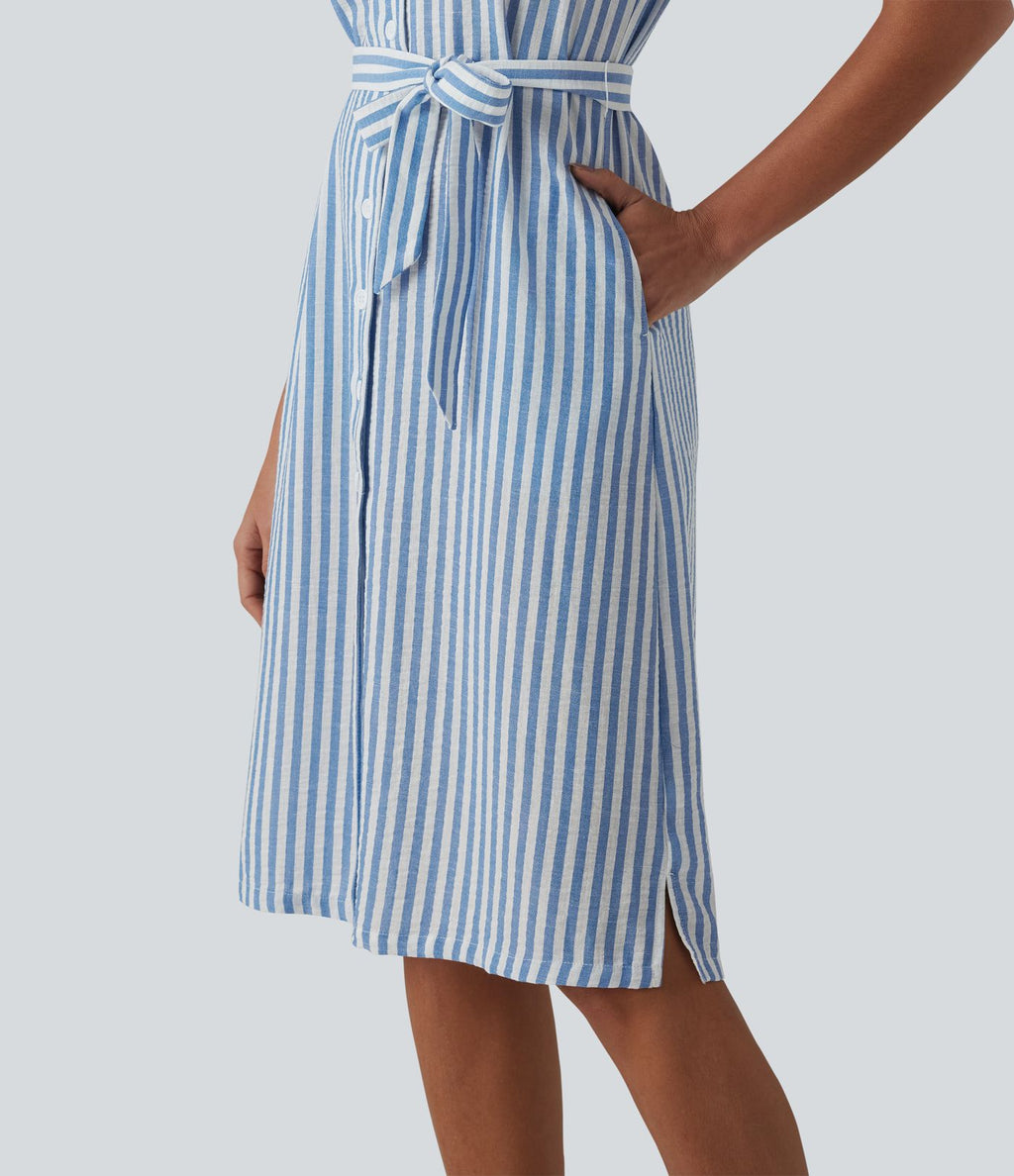Robe-chemise midi tailleur à manches courtes et col, aspect lin à rayures, ceinturée et avec poches