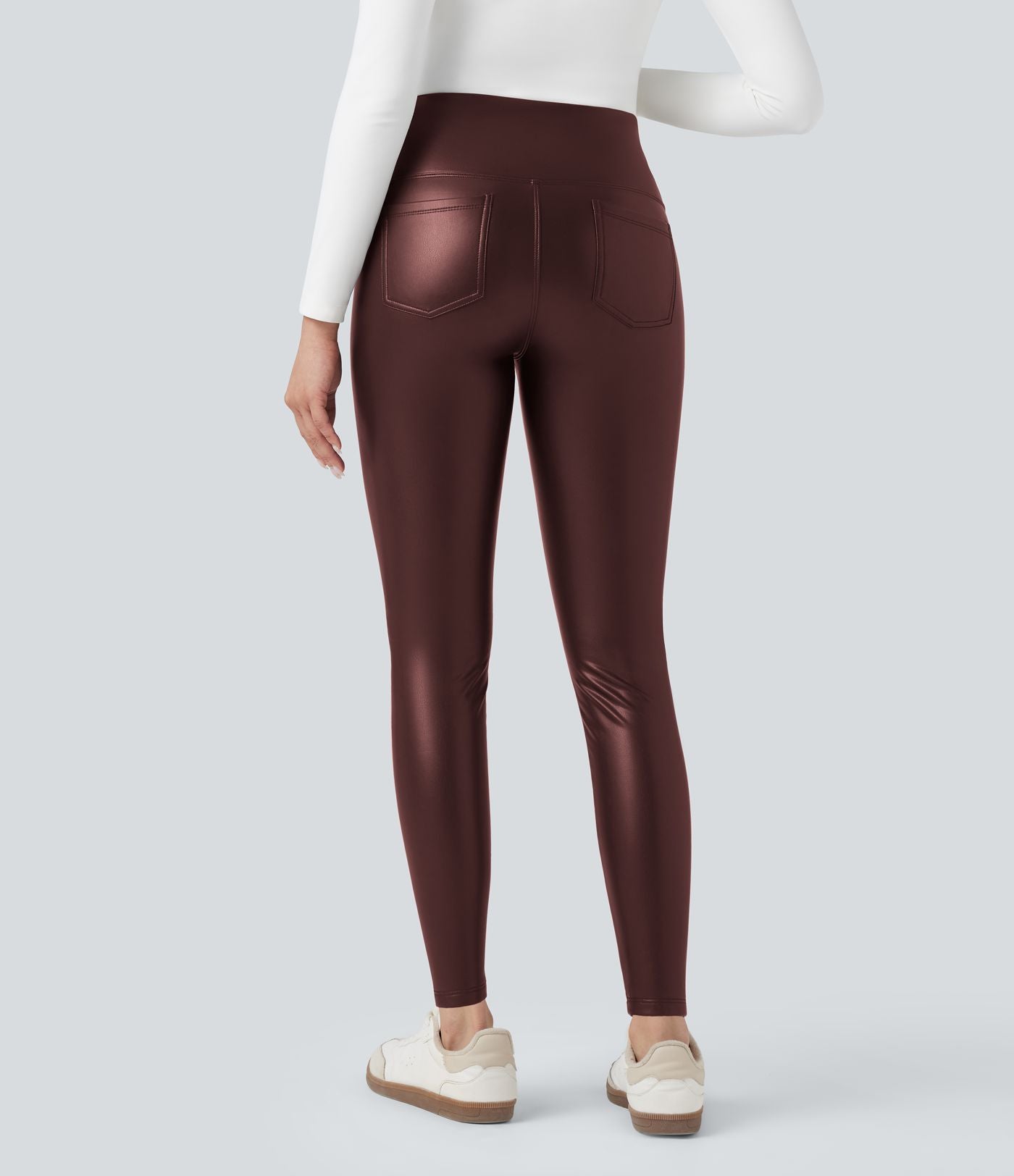 Pantalon 7/8 moulant décontracté polaire gainant taille haute extensible effet cuir avec poches