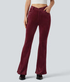 Pantalon évasé velours côtelé ceinture en V taille haute avec poches