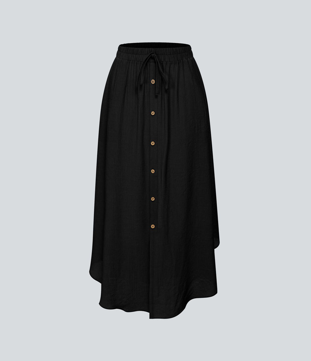 Jupe Midi Fluide Taille Haute Cordon de Serrage Boutonnés Poches Latérales