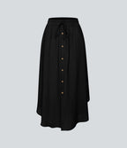 Jupe Midi Fluide Taille Haute Cordon de Serrage Boutonnés Poches Latérales