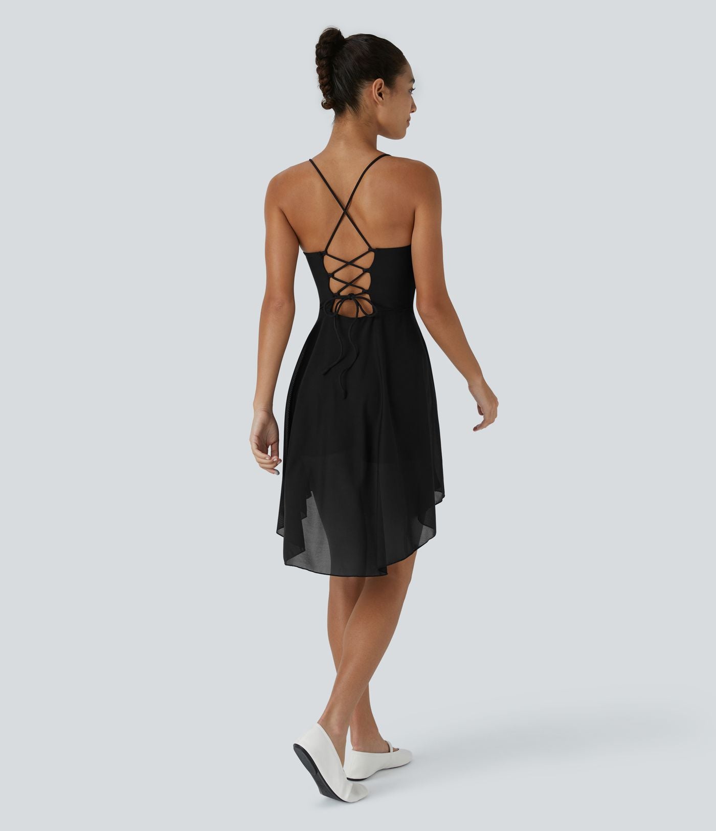 Robe de sport danse mini 2-en-1 laçage asymétrique résille contrastante fluide avec poche A-D