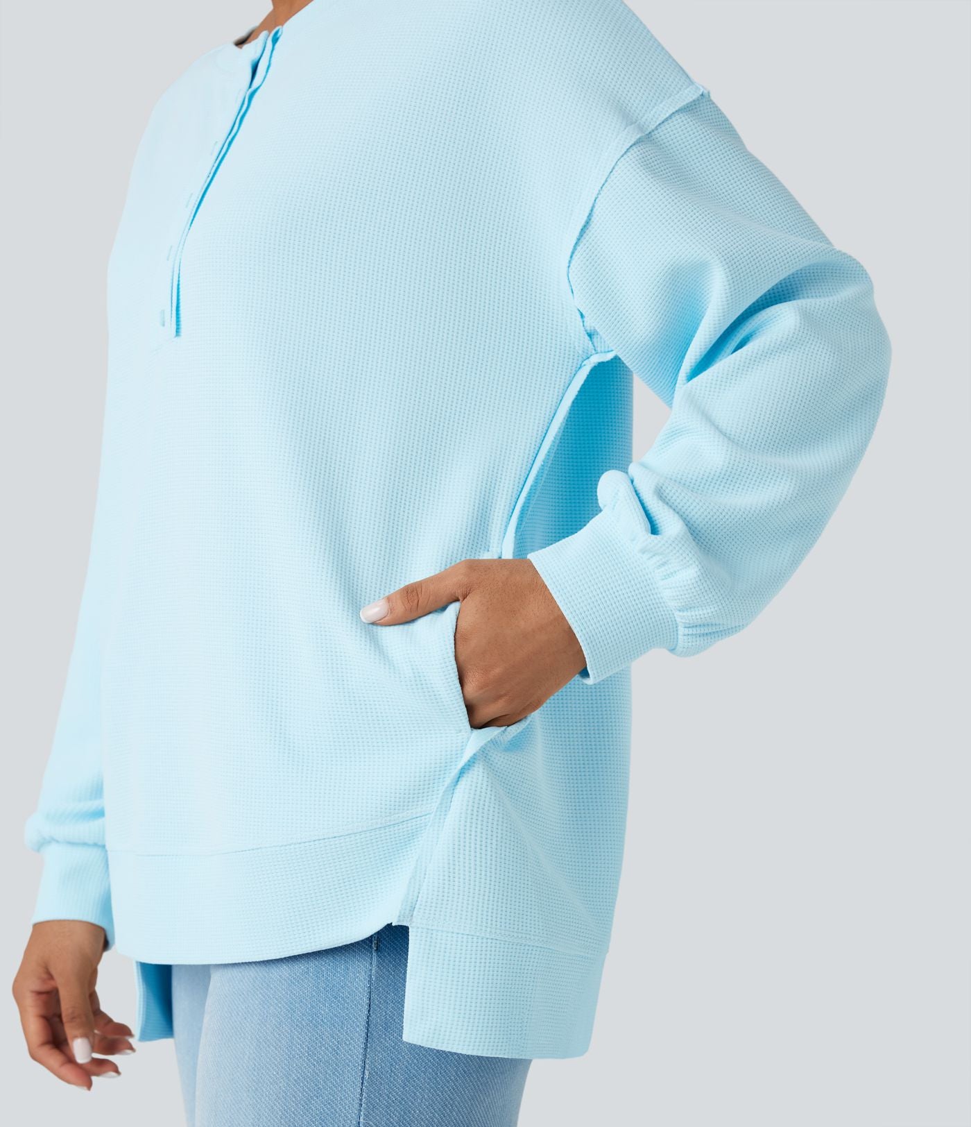 Sweat-shirt gaufré henley oversize manches longues avec poches