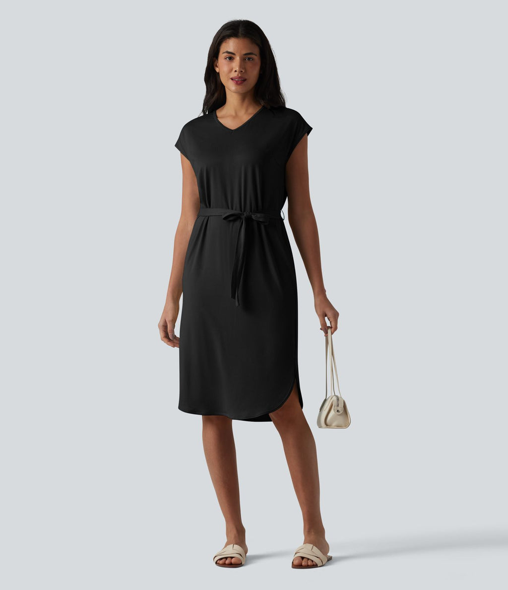Robe t-shirt casual col V à manches courtes, ceinturée et ourlet arrondi
