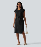Robe t-shirt casual col V à manches courtes, ceinturée et ourlet arrondi