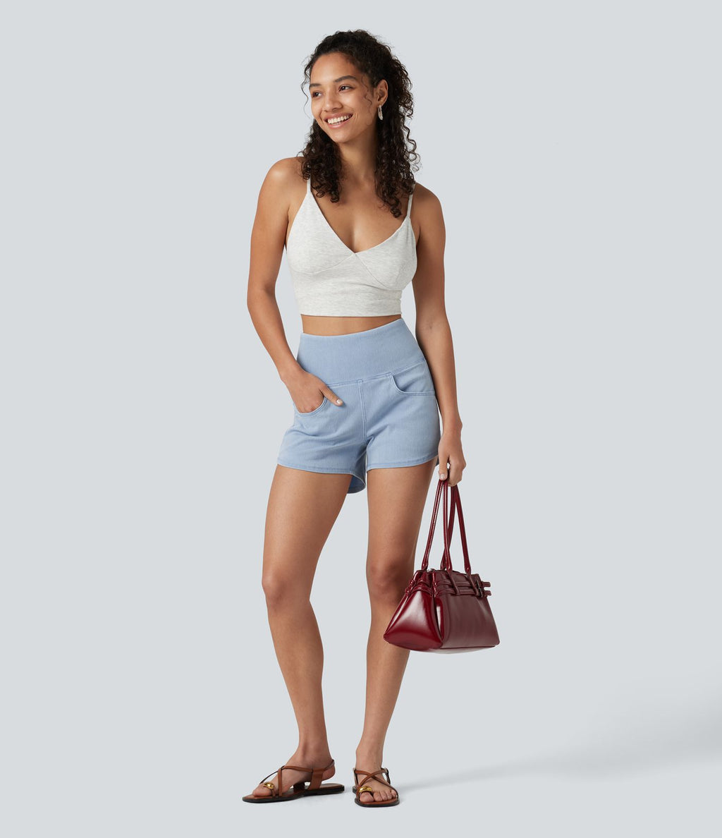 Halara Flex™ Short casual en jean skinny gainant taille haute à ourlet arrondi avec poches