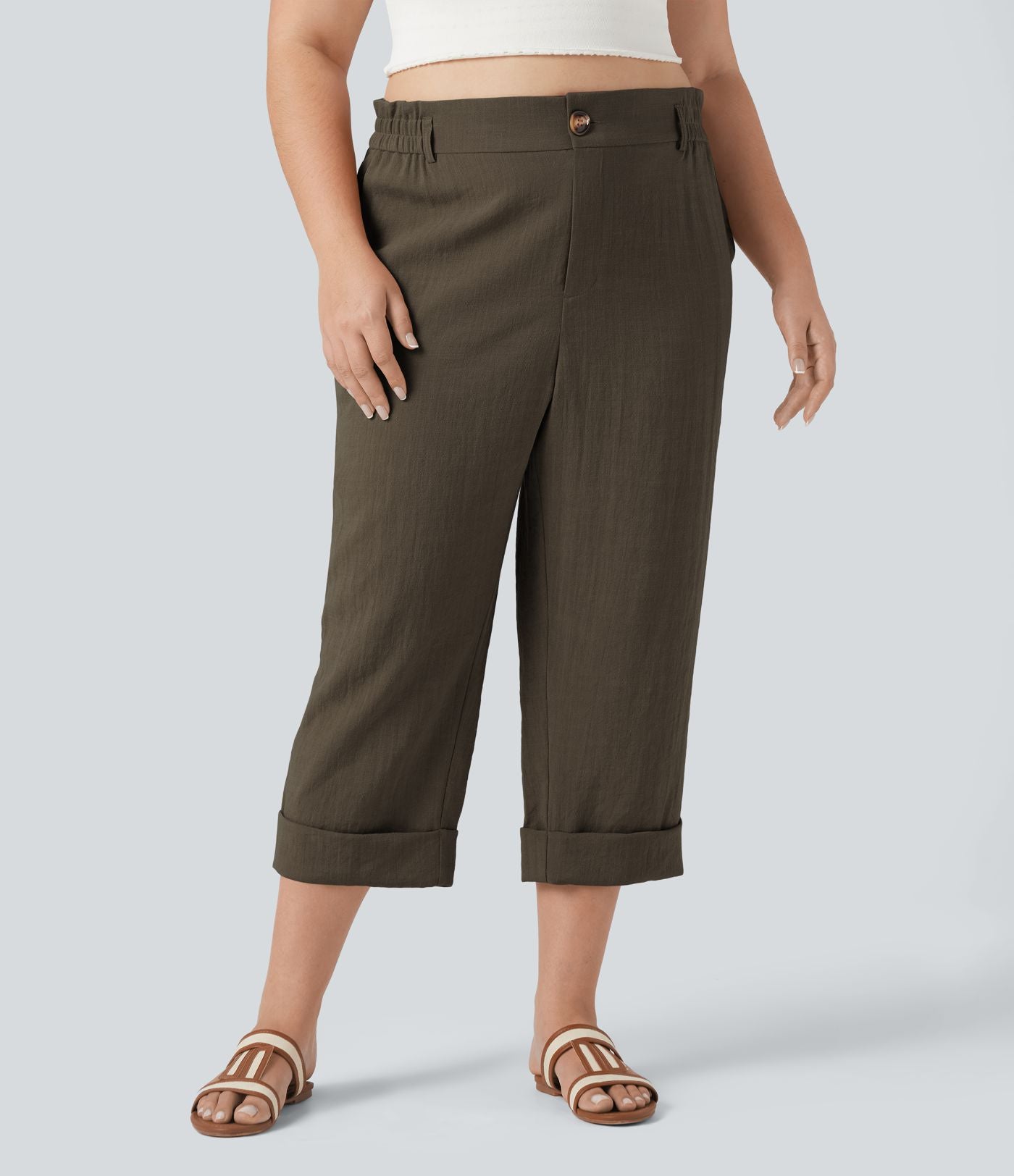 Pantalon de villégiature capri effet lin, grande taille, taille haute, avec poches