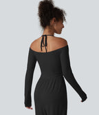 Combinaison casual en maille côtelée dos nu noué épaules dénudées manches longues avec soutien-gorge intégré et poches