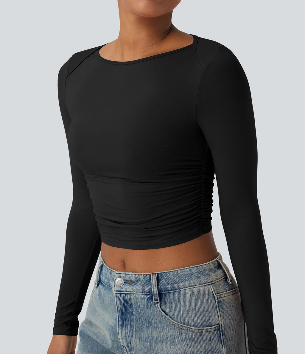 Haut casual crop col bateau manches longues froncé