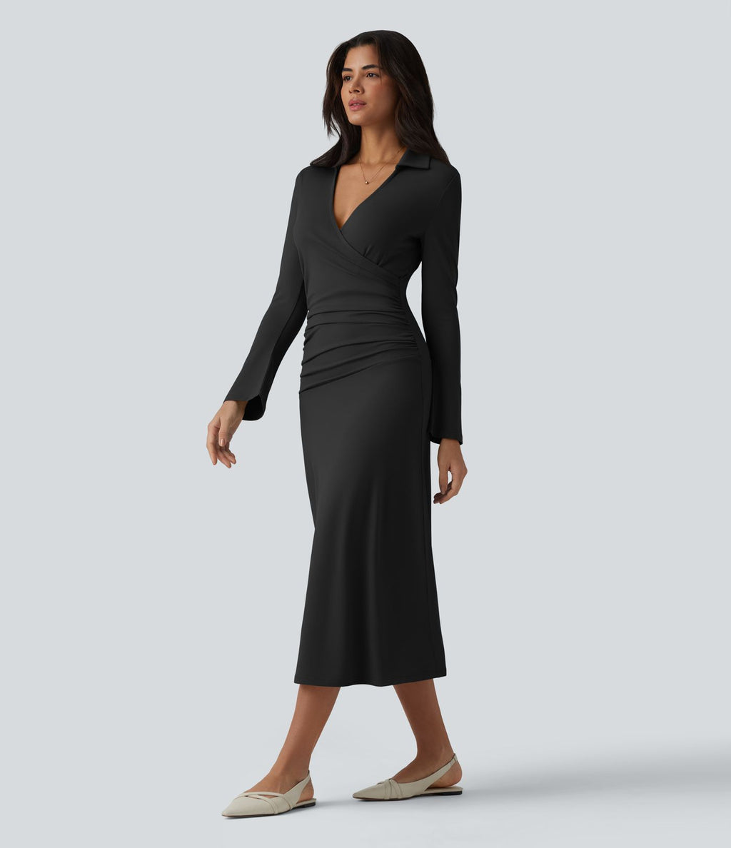 Robe midi décontractée à col en V et manches longues froncées