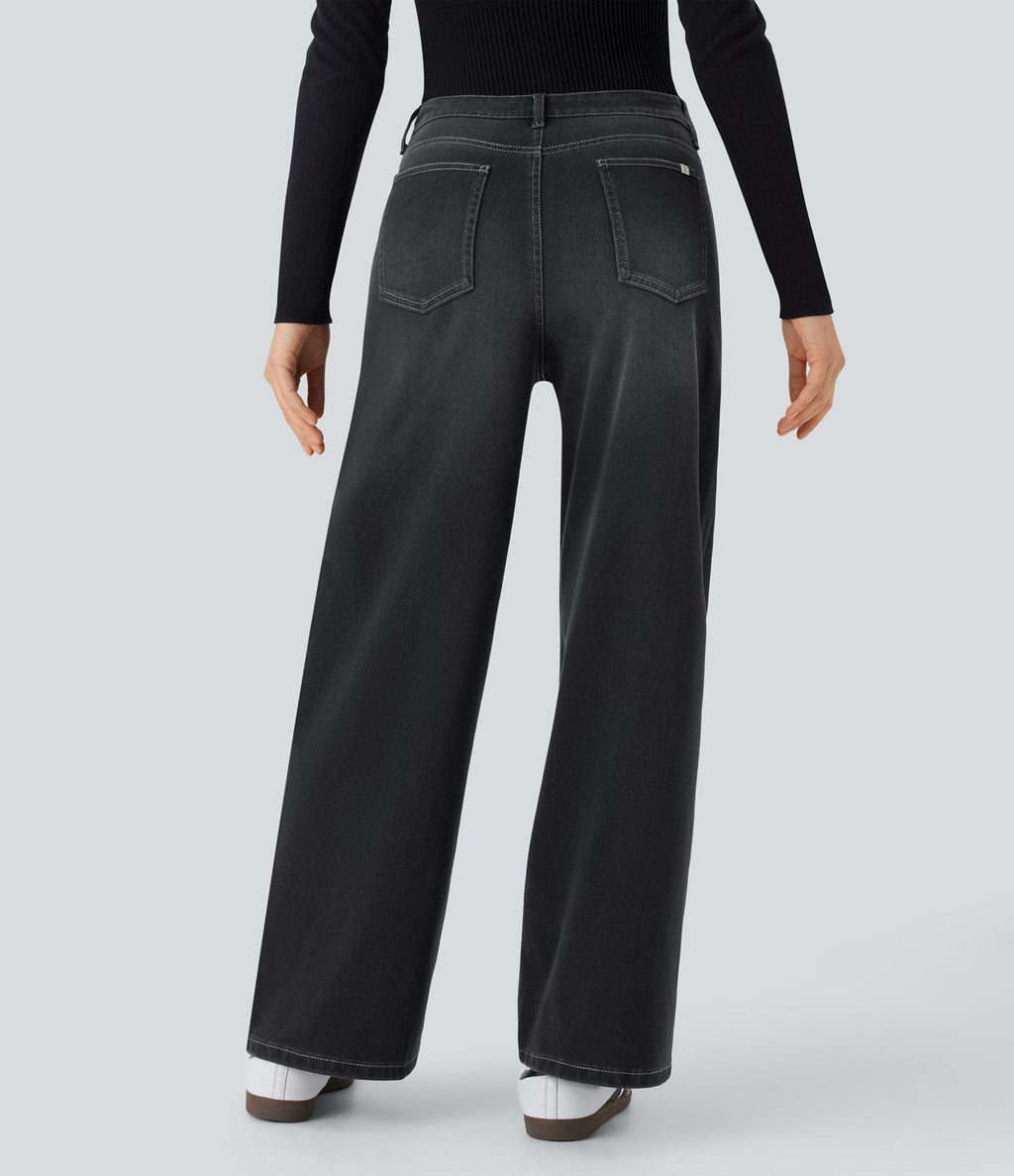 Halara Flex™ Jean Large Casual Taille Basse avec Boutons Zip Multiples Poches Lavés Élastiques et Tricotés