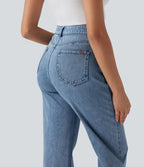Halara Flex™ Jean droit extensible à taille haute avec bouton, fermeture éclair et poches multiples