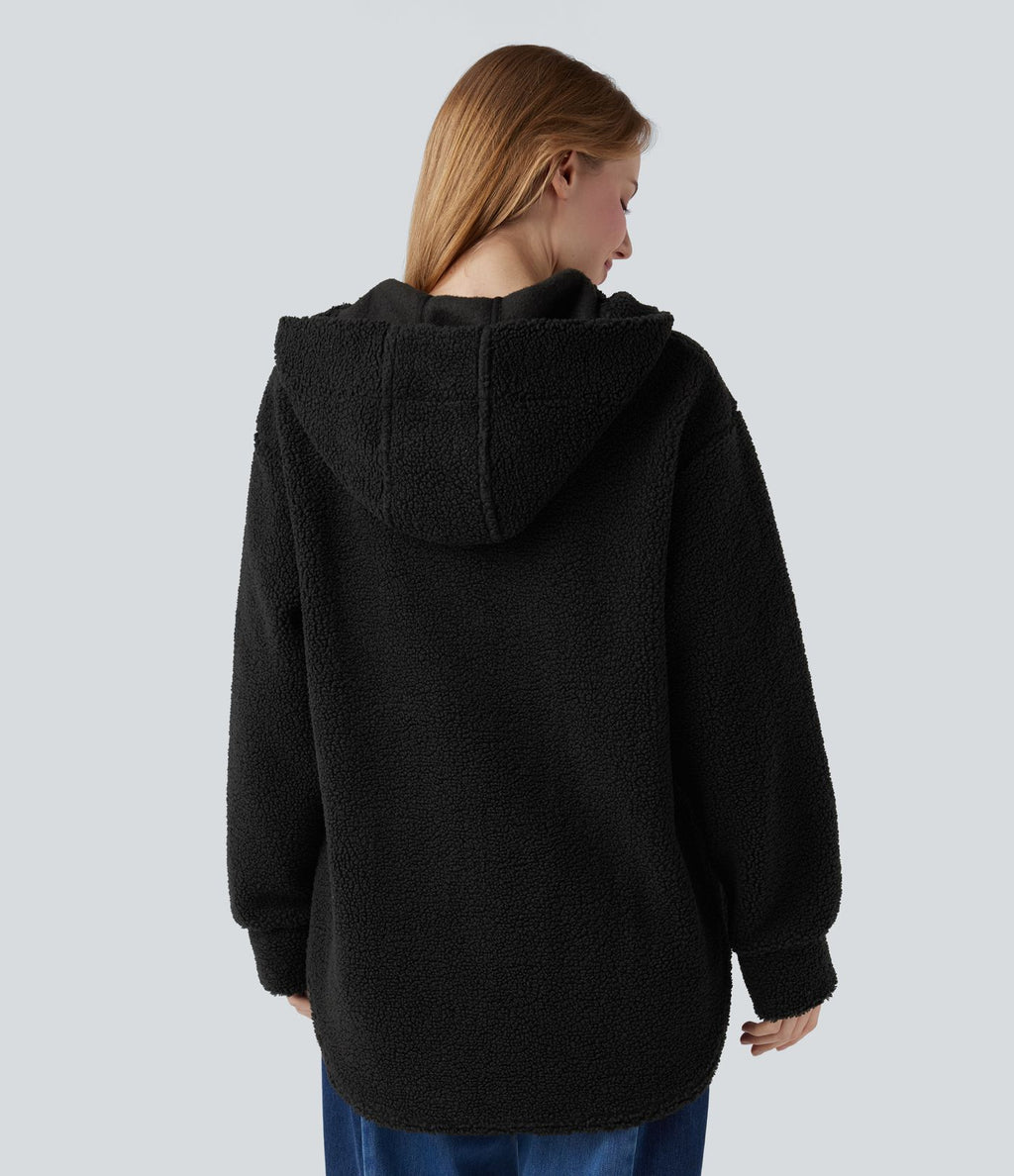 Sweat-shirt sherpa oversize à capuche et demi-zip avec ourlet arrondi et poches