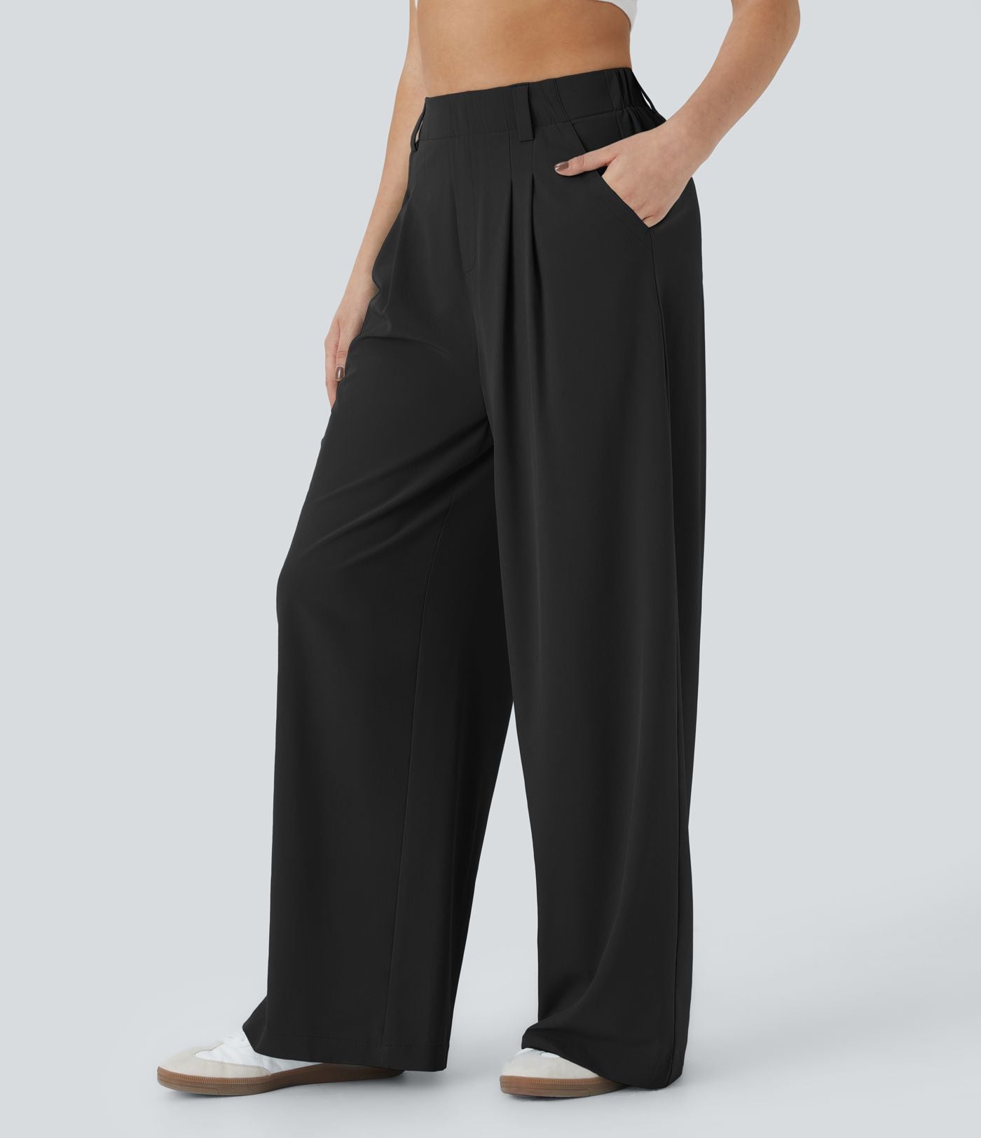 Breezeful™ Pantalon Large Fluide Taille Haute Poches Latérales Palazzo Solide Casual Linen-Feel